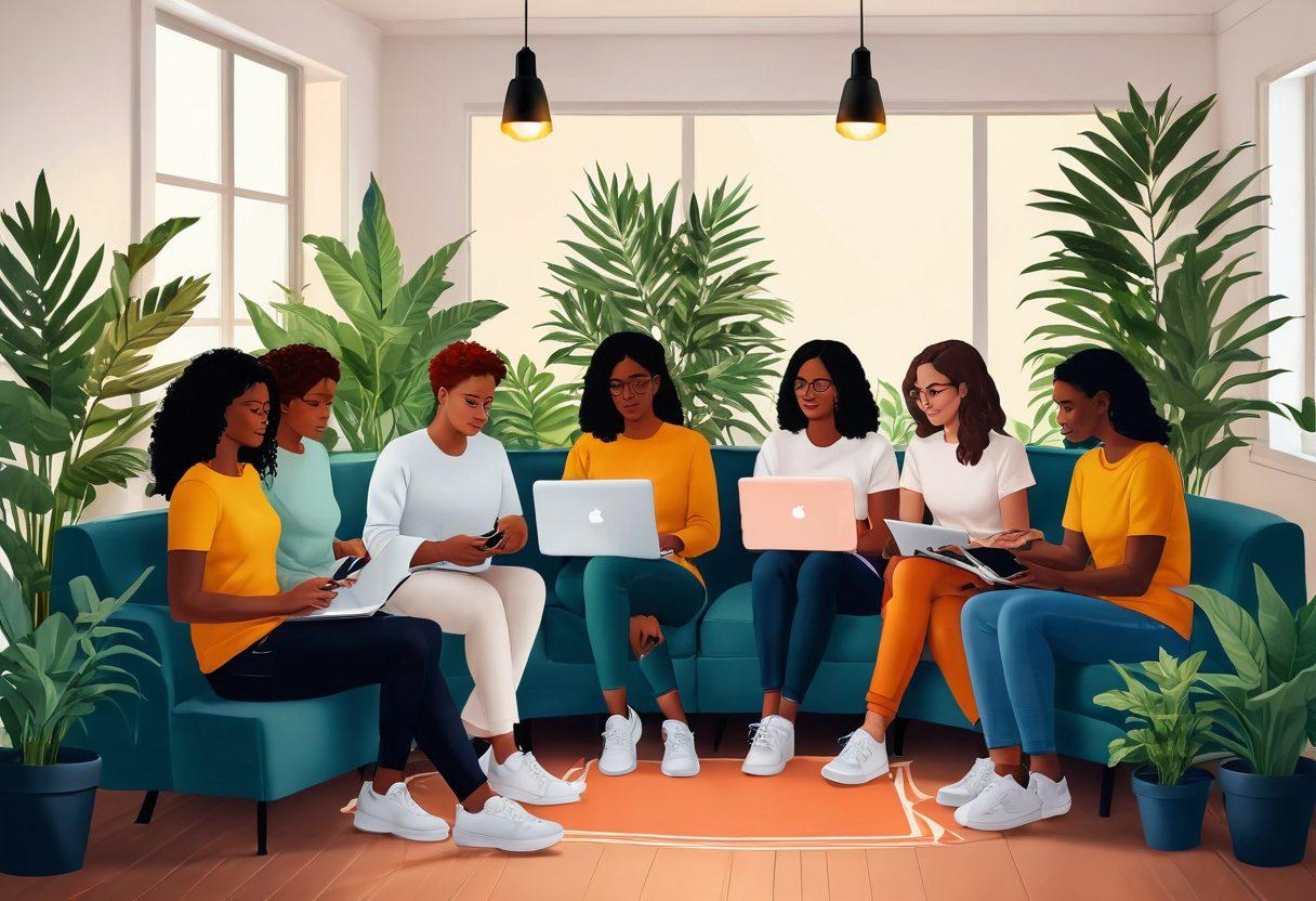 An illustration of a diverse group of bloggers communicating digitally while sitting in a cozy, safe environment surrounded by plants. The scene features a large shield symbolizing protection over a glowing email icon, with glowing lines representing secure connections. Include elements that show tips like lock icons and checklist symbols floating around. The atmosphere should feel warm and inviting, indicating safety in community. vibrant colors. digital art.