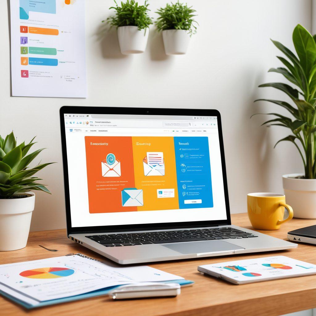 A modern workspace featuring a laptop displaying an open email authentication system interface, surrounded by colorful diagrams illustrating security best practices. Incorporate elements like a coffee cup, notepad, and freshly potted plants to create an inviting atmosphere. Bright and engaging with a blend of technology and comfort. super-realistic. vibrant colors. white background.